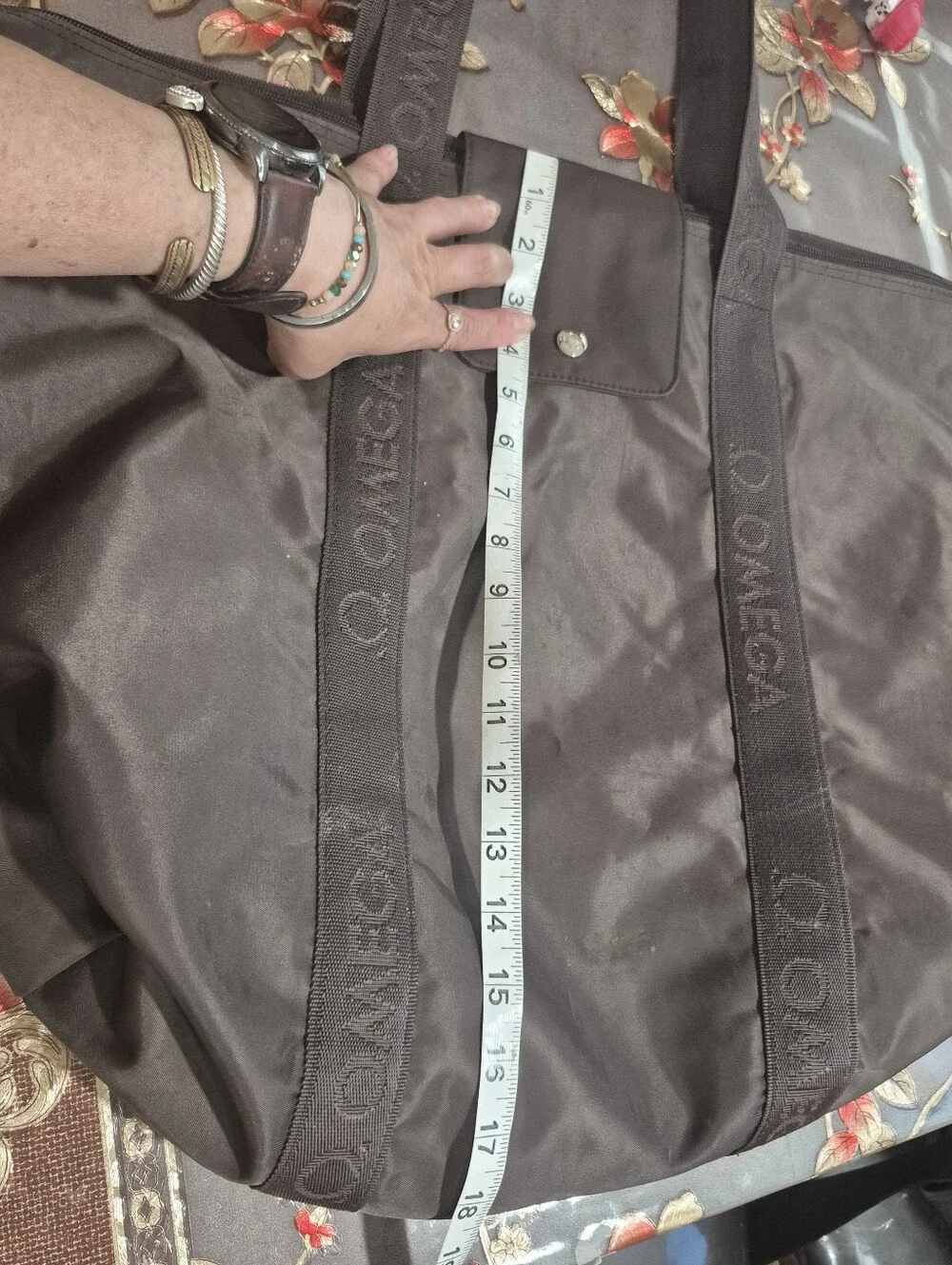 Omega BrownNylon Duffel Tote with Branded Straps